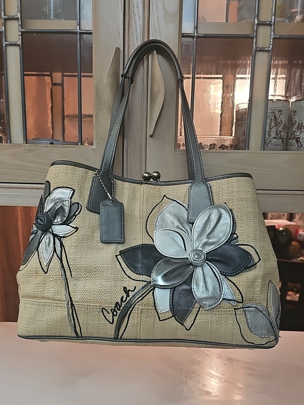 Coach Hampton 10th Anniversary Hampton Kisslock Woven Straw Tote